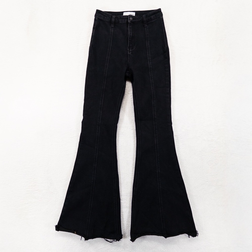 Vervet Womens Jeans 27 Black High Rise Flare Front Seam Raw Hem Stretch Boho